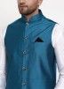 Blue Dupion Silk Nehru Jacket With Kurta Pajama