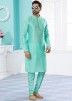 Turquoise Readymade Kurta Pyjama In Dupion Silk