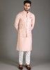 Peach Art Silk Kurta Pajama & Embroidered Nehru Jacket