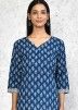 Blue Cotton Readymade Pant Suit In Digital Print