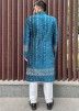Blue Embroidered Velvet Sherwani Set For Men