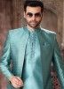 Turquoise Woven Mens Jacket Style Kurta Pajama