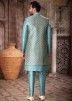 Blue Printed Jacket Style Indo Western Sherwani