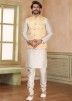Off-White Arts Silk Embroidered Kurta Pajama With Nehru Jacket