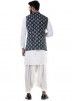 White Linen Pathani Suit Set With Nehru Jacket