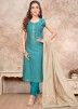 Blue Embroidered Readymade Pant Suit In Silk