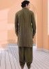 Green Readymade Cotton Mens Pathani Suit Set