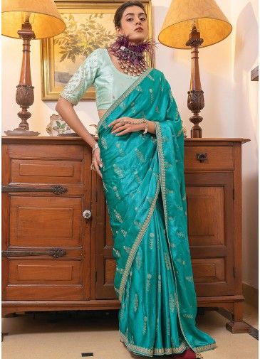 Turquoise Satin Saree & Blouse