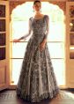 Grey Jacquard Silk Gown with Intricate Embroidery