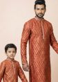 Red Jacquard Father Son Woven Combo Set
