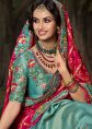Turquoise & Red Half N Half Embroidered Silk Saree