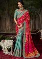 Turquoise & Red Half N Half Embroidered Silk Saree