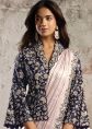 Cream Pre-Stitched Saree With Blazer Style Blouse