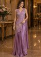 Lavender Satin Pre Stitched Saree With Embroidery