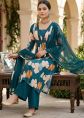 Teal Blue Floral Cotton Pant Suit With Dupatta