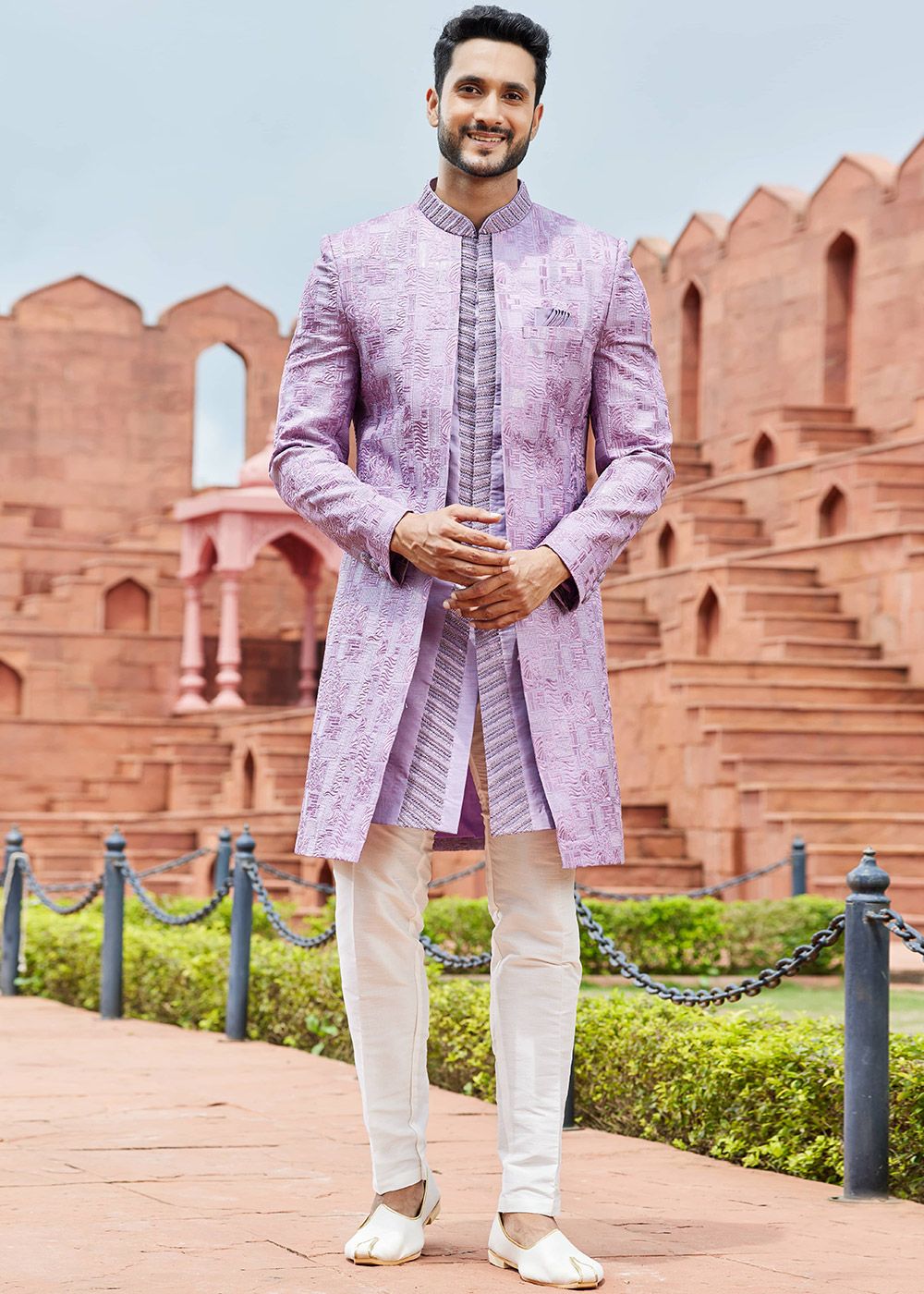 purple indo western dress men's Men's Mens Purple Embroidered Indo Western Sherwani