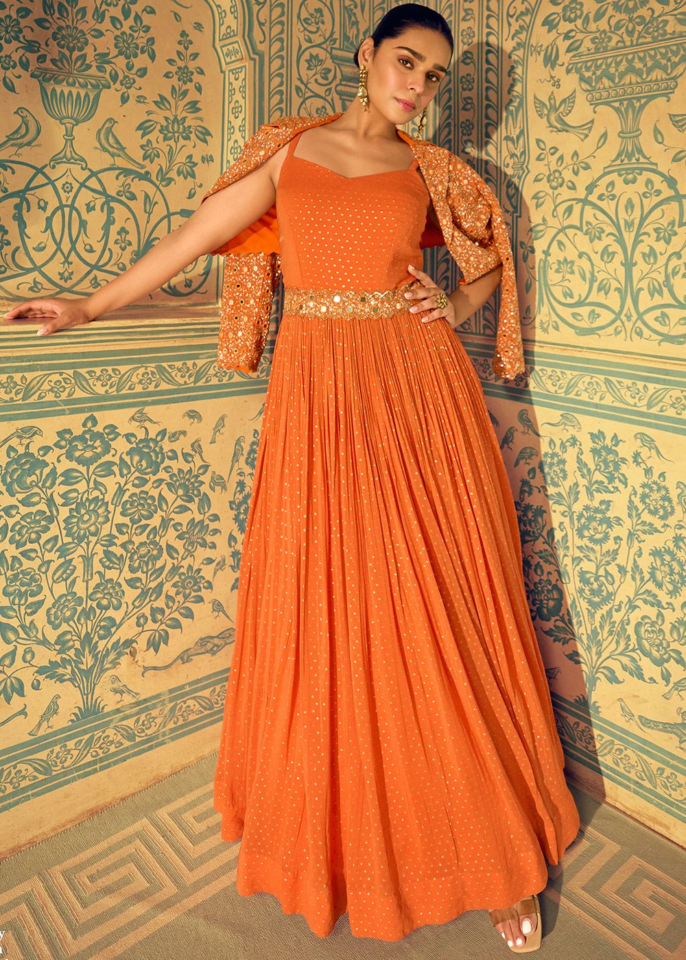 orange georgette dress Fancy Orange Color Fox Georgette Embroidery Sequence Gown