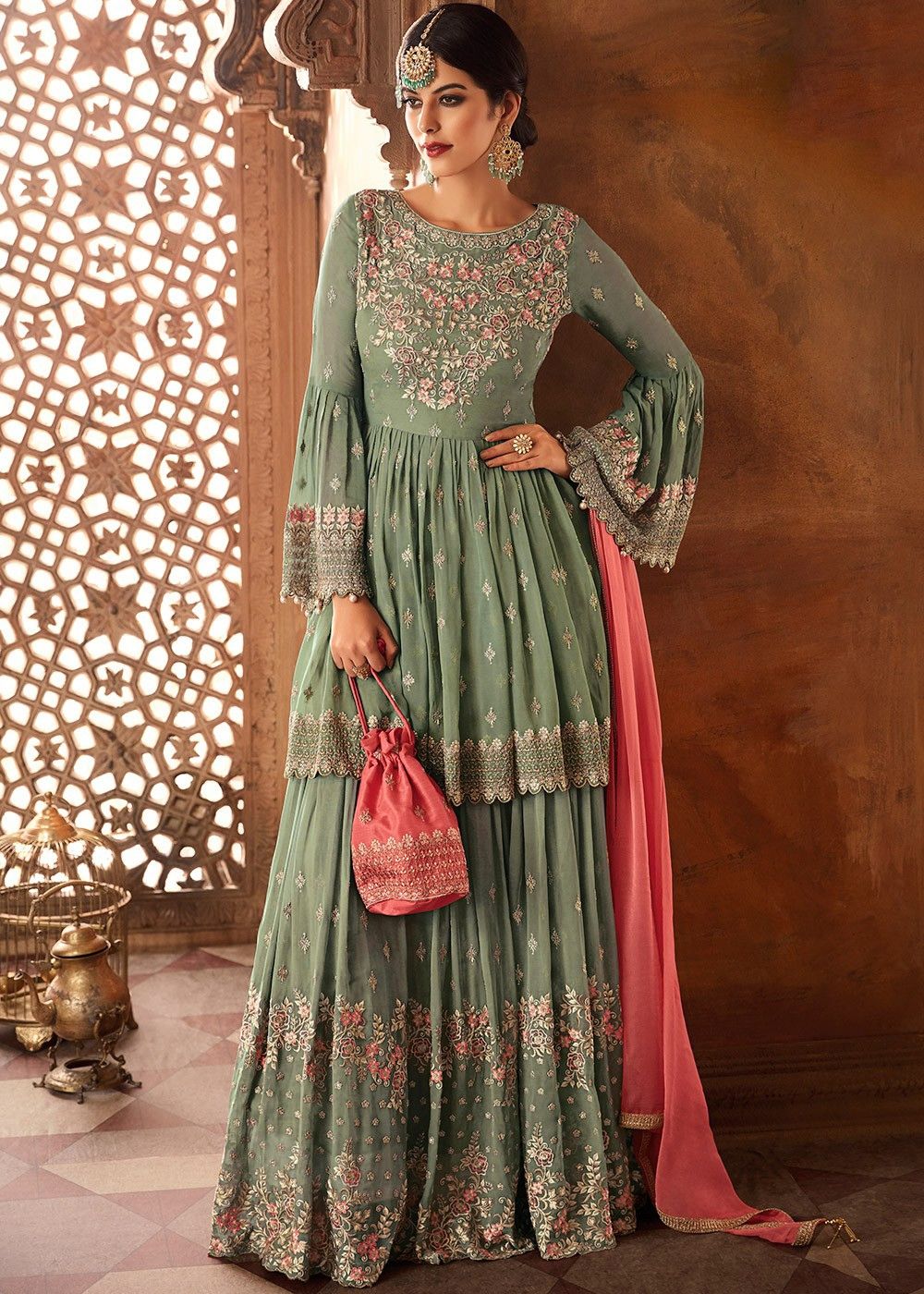 long sleeve sharara dress Green Embroidered Bell Sleeved Sharara Suit Latest 2537SL01