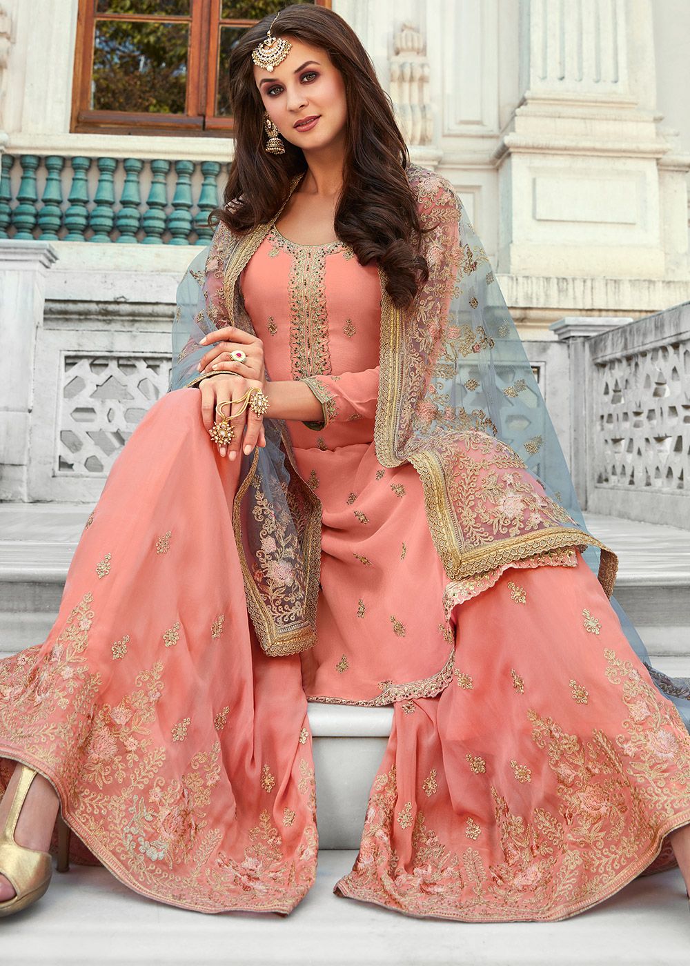 Peach Straight Cut Embroidered Pakistani Sharara Suit Latest 3331SL04