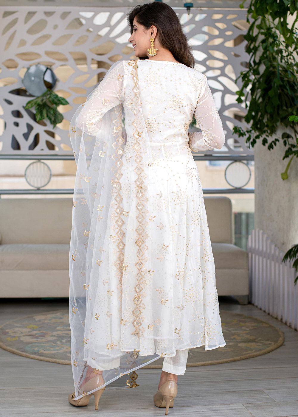 white embroidered anarkali dress Off-White Floral Embroidered Georgette Anarkali Suit with Dupatta