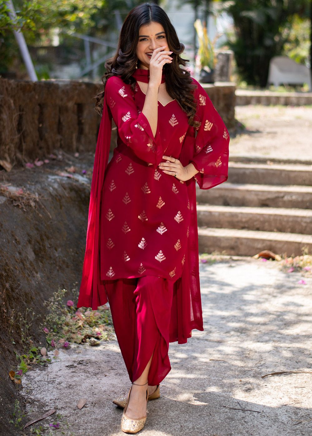 red punjabi dress Red Embroidered Silk Free Size Stitched Punjabi Salwar Suit. ( Size Upto 42)