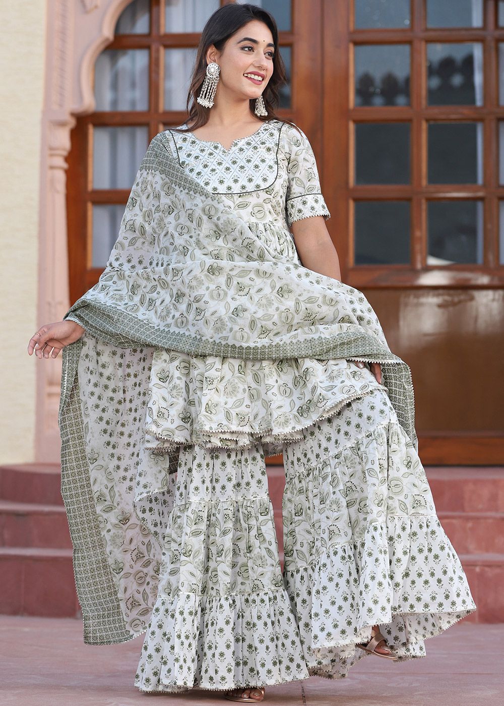 cotton gharara dress Pakistani White Straight Style Embroidered Cotton Gharara Dress with gown,L