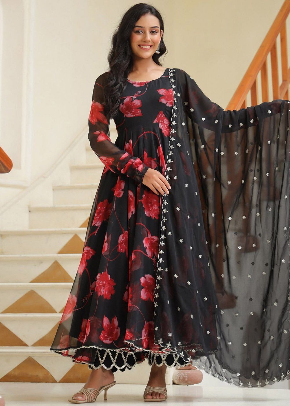 black and red anarkali dress Organza Red and Black Anarkali Suit Set