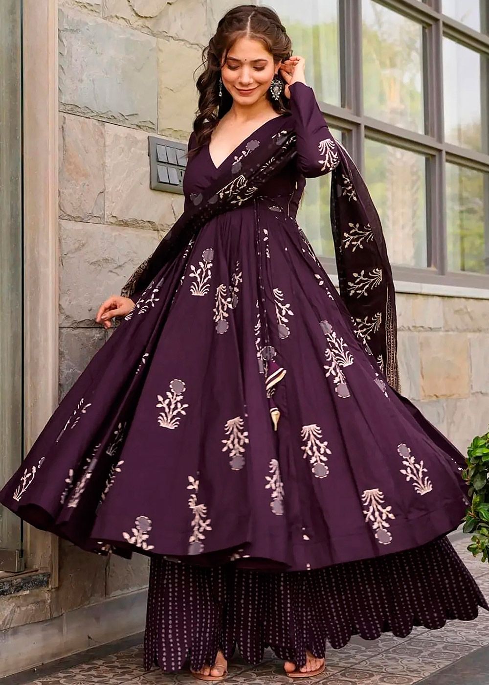 purple color anarkali dress Embroidered Chinon Crepe Anarkali Suit in Purple