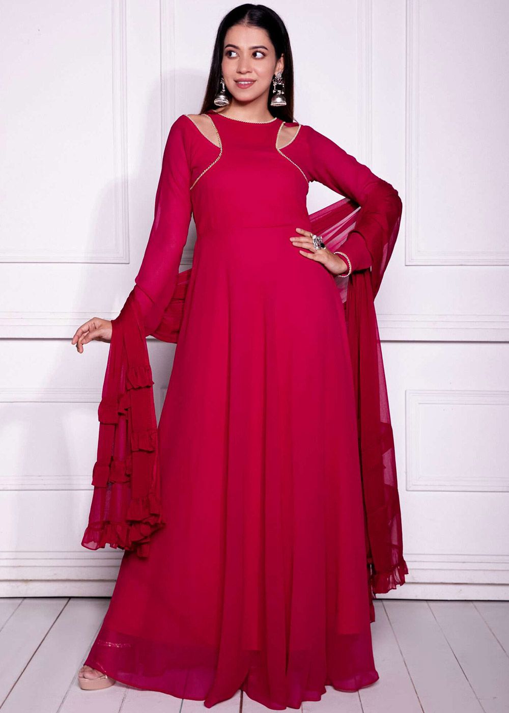 red plain anarkali dress Anarkali Kurtis Simple Plain Anarkali Dress RED EMBROIDERED GEORGETTE BASE  ANARKALI WITH CHURIDAR AND DUPATTA SET OF