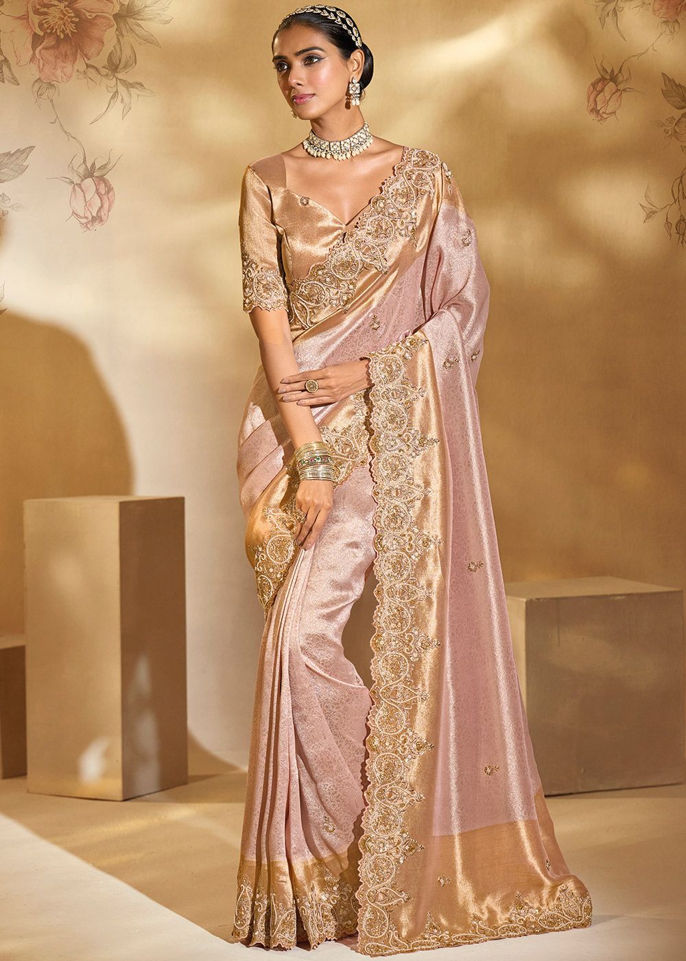 Rose Gold Pink Silk Saree With Zari Detailing 7427SR02