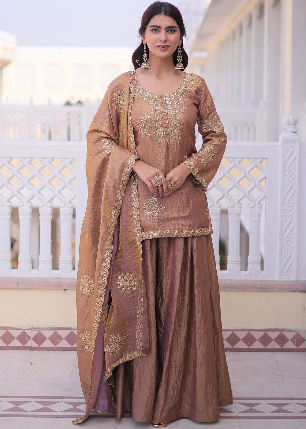 Brown Art Silk Sharara Suit With Zari Embroidery