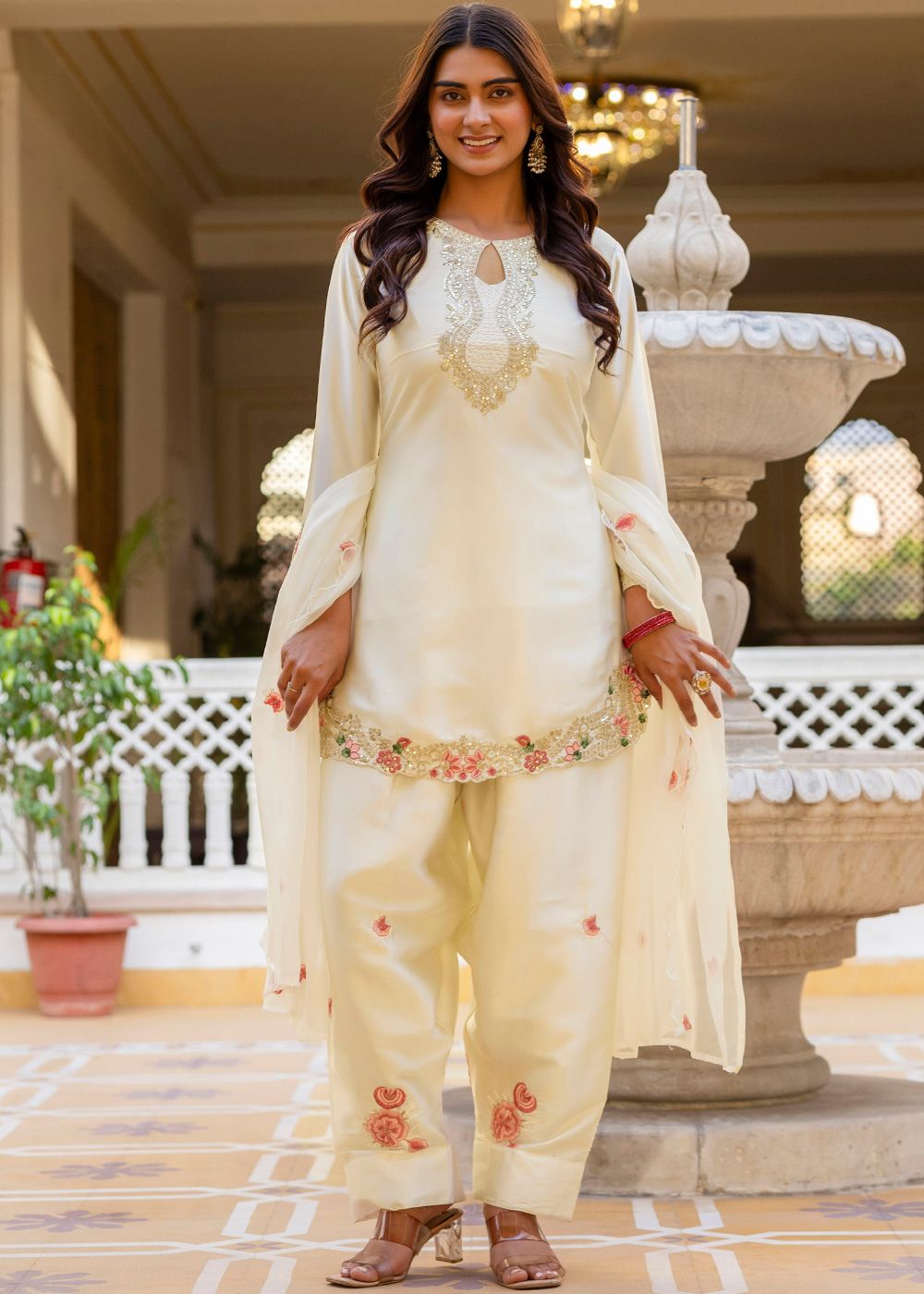 golden punjabi dress Cream Satin Suit With Floral Accents red party dress maxi