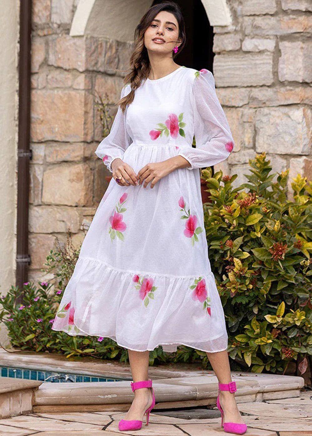 cotton dress price White Cotton Dress In Floral Print