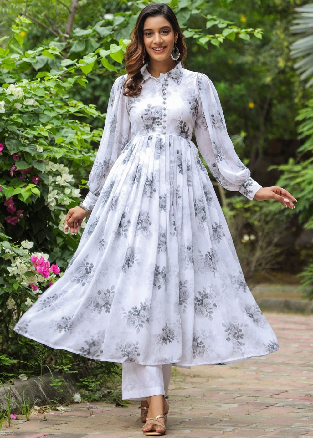 White Floral Printed Georgette Dress White Floral Printed Georgette Dress