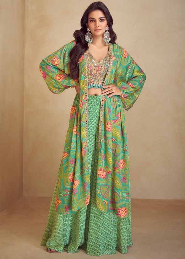 Green Printed Crop Top With Palazzo