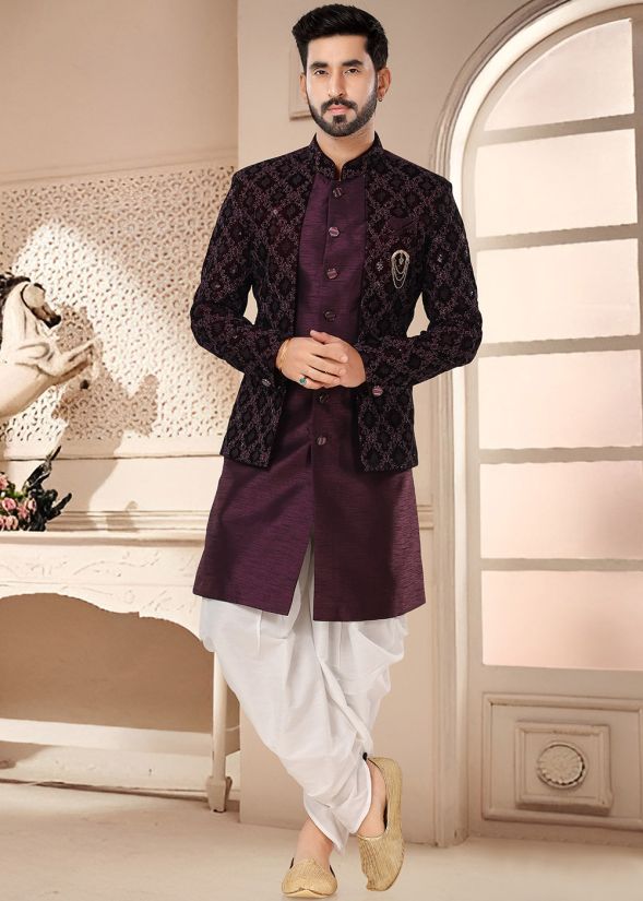 Purple Readymade Art Silk Indowestern Sherwani & Dhoti 