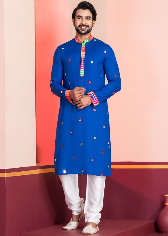Blue Foil Mirror Work Men Kurta Pajama