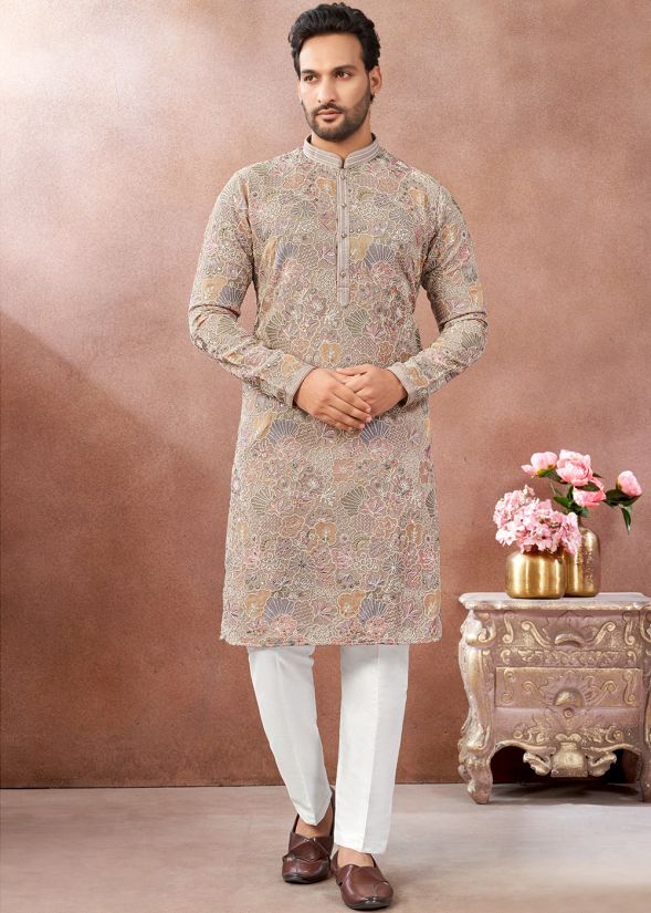 Beige Art Silk Kurta Pant With Subtle Thread Work