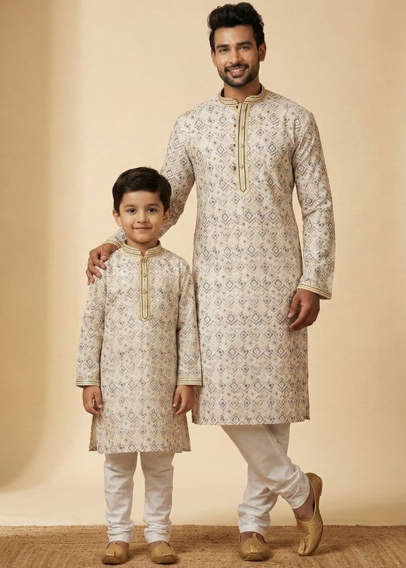 Beige Printed Father Son Combo Kurta Pajama Set