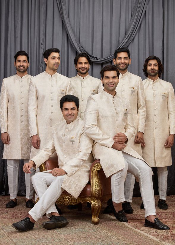 Beige Jacquard Indo Western Sherwani With Woven Motifs