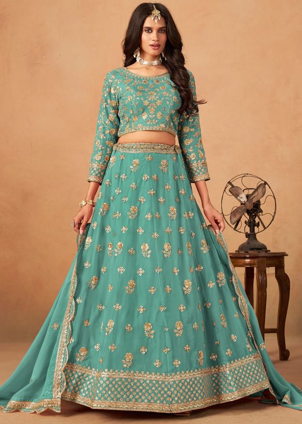 Teal Blue Organza Lehenga Choli With Zari Detailing