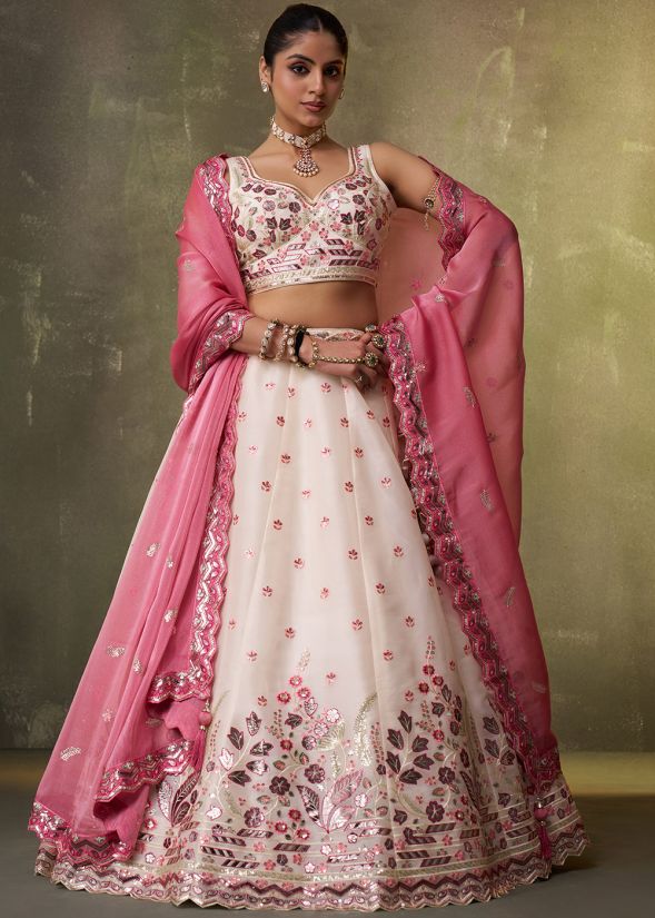 Cream Organza Lehenga Choli With Floral Detailing
