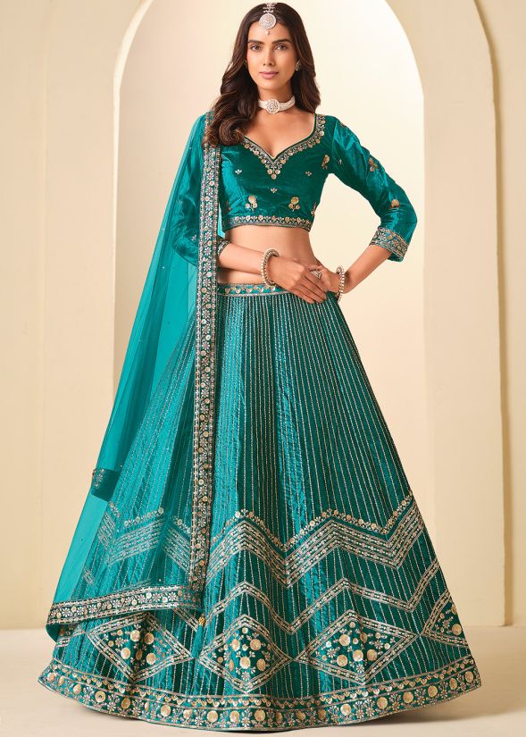 Teal Blue Velvet Lehenga Choli With Zari Motifs