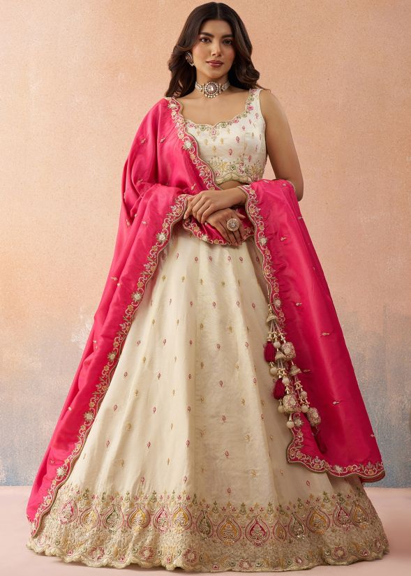 Cream Silk Lehenga Choli With Fuchsia Dupatta