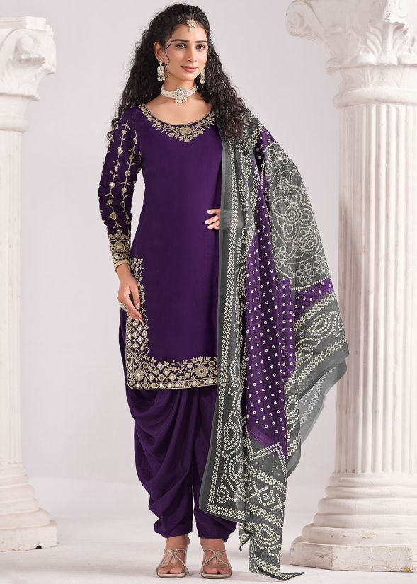 Purple Patiala Suit In Mirror Work