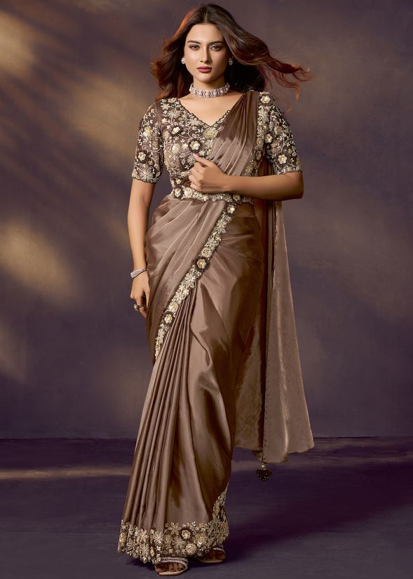 Brown Pre-Stitched Satin Saree With Sequinned Belt