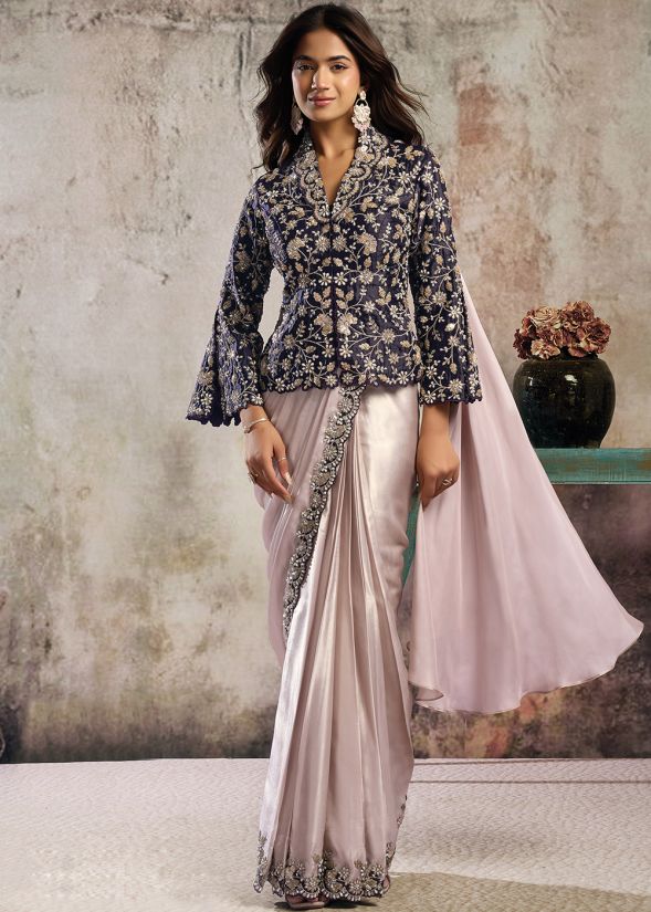 Cream Pre-Stitched Saree With Blazer Style Blouse