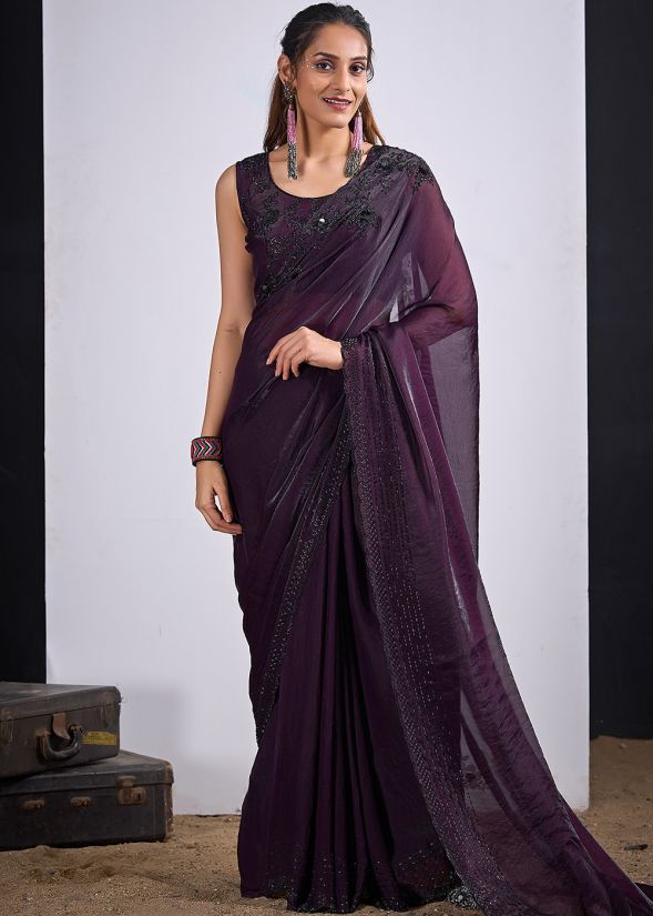 Purple Silk Saree With Elegant Embroidery