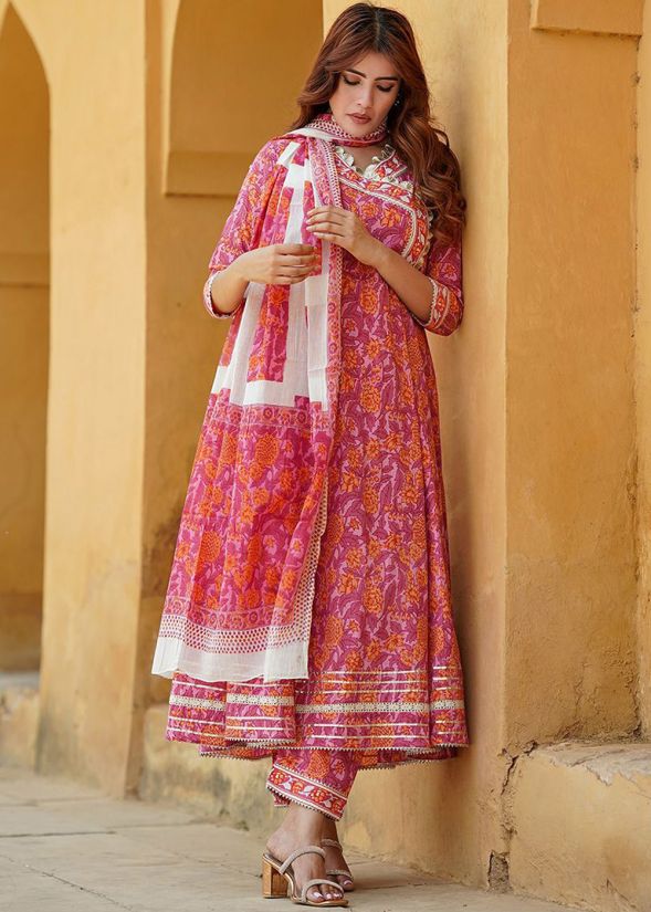 Pink Cotton Anarkali Suit With Floral Print Detail
