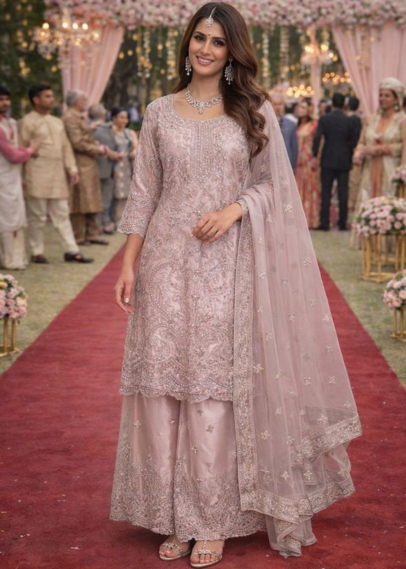 Peach Net Sharara Suit With Stone Work
